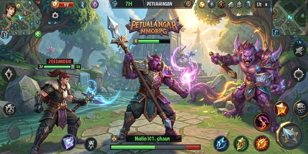 Screenshot gameplay 71H menunjukkan karakter dalam pertempuran epik di dunia luas.