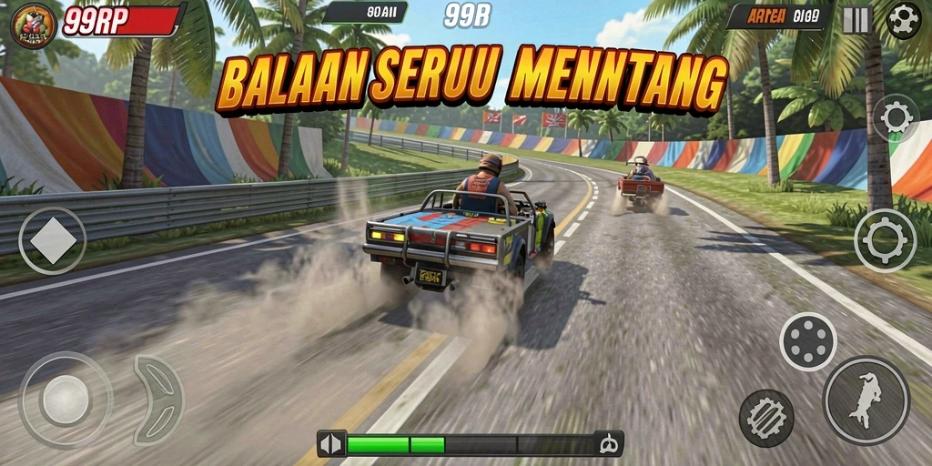 Screenshot gameplay seru 99RP dengan mobil balap di lintasan.