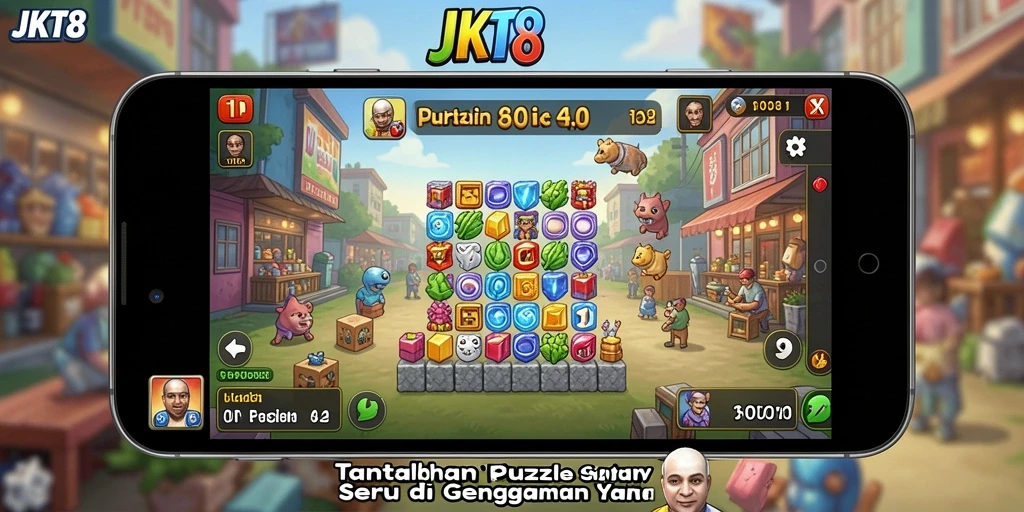 Screenshot JKT8 menampilkan tantangan puzzle yang menarik dan berwarna.