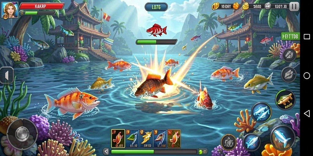 Screenshot KAKRP menampilkan aksi seru dalam berburu ikan.
