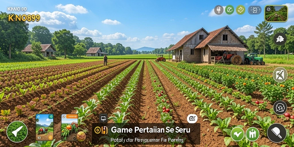 Screenshot gameplay KNO89 menampilkan pertanian yang subur dan interaktif.