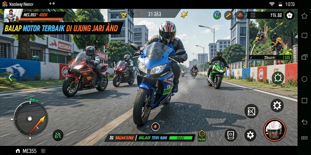 Tangkapan layar ME355 menunjukkan balapan motor yang cepat dan seru.