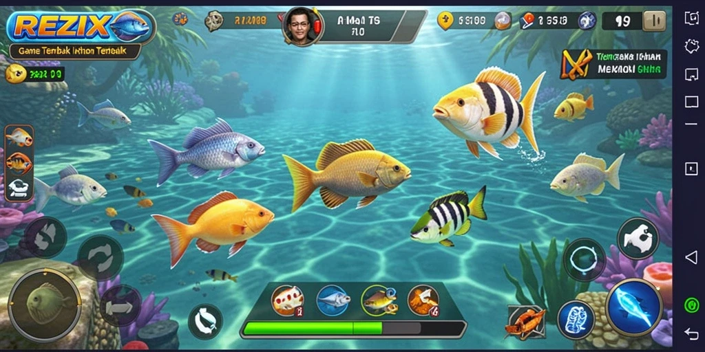 Tampilan gameplay menarik dalam REZIXO dengan ikan beragam.